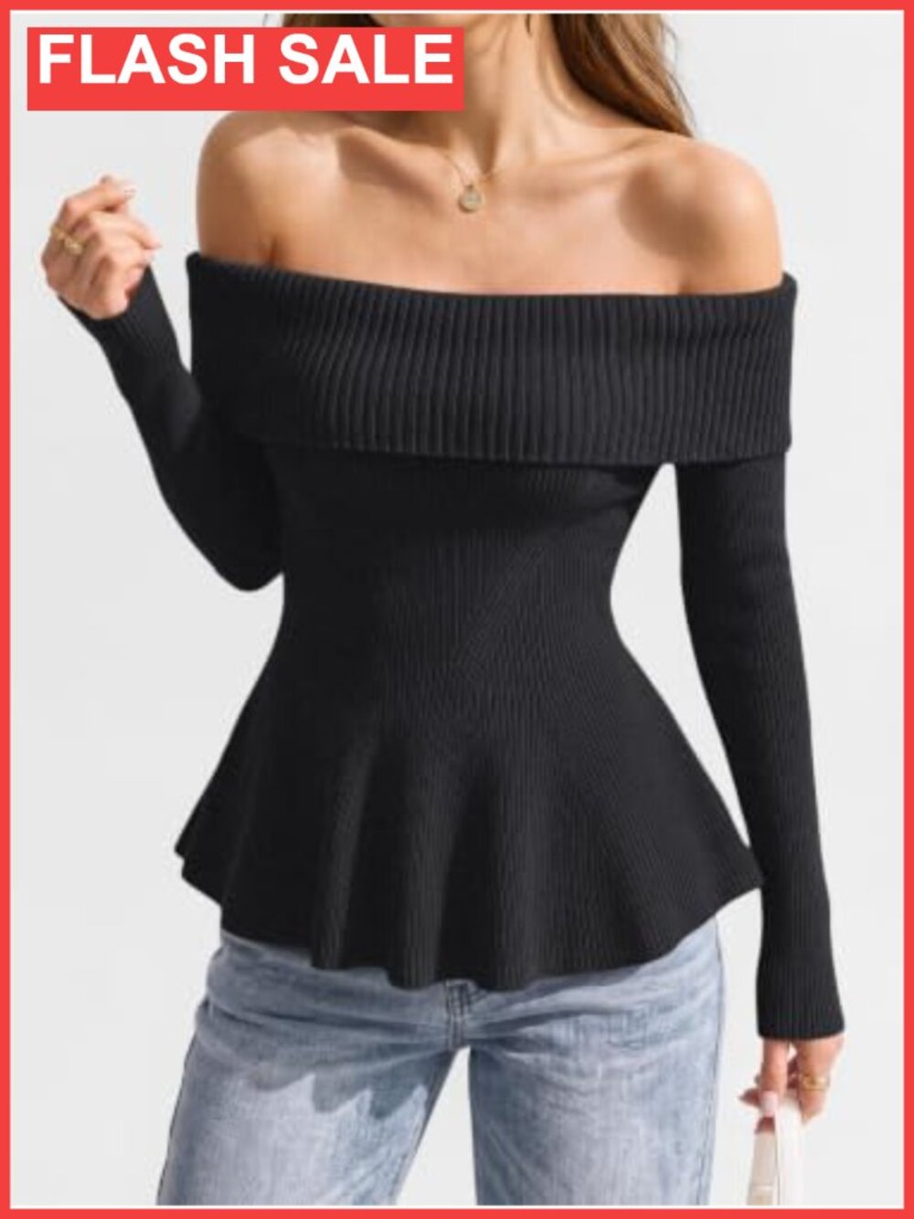 Off Shoulder Babydoll Sweater Ribbed Knit Fall Pullover - Picture 2 of 5